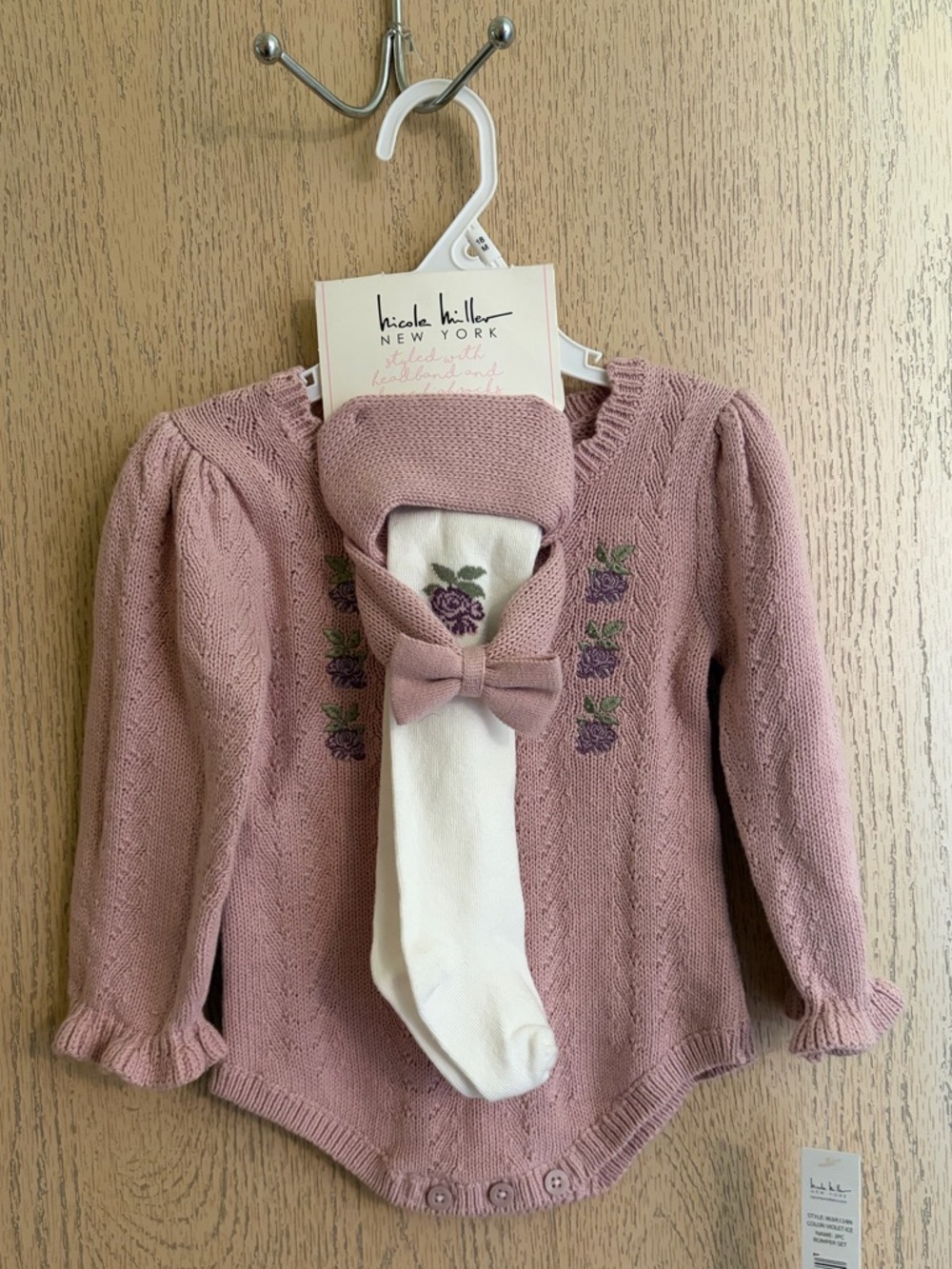 Nicole Miller Pink Knit Embroidered One-Piece with Cream Tights